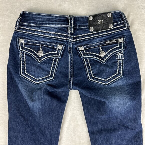 Miss Me Jeans Womens 27 Signature Cuffed Capri Embroidered Thick Stitch Bling - Picture 10 of 14